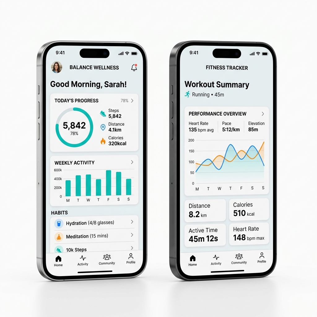 AAROHH Mobile App Screenshots showing Wellness Tracker and Workout Summary